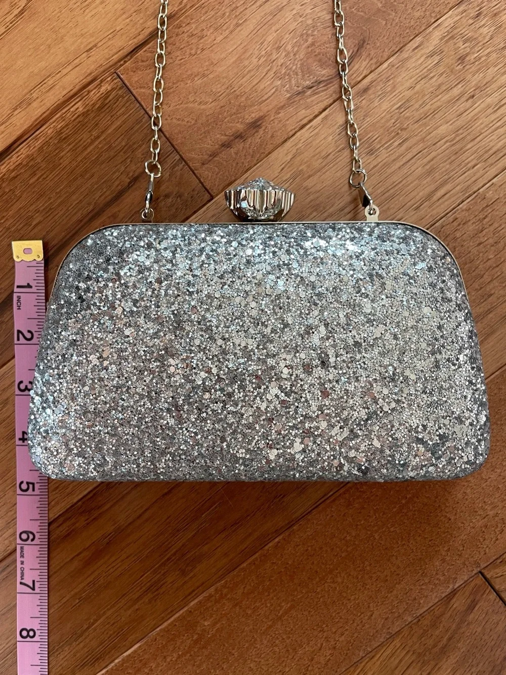 Silver Glitter Rhinestone Crystal Clutch Evening Bag Chain Strap